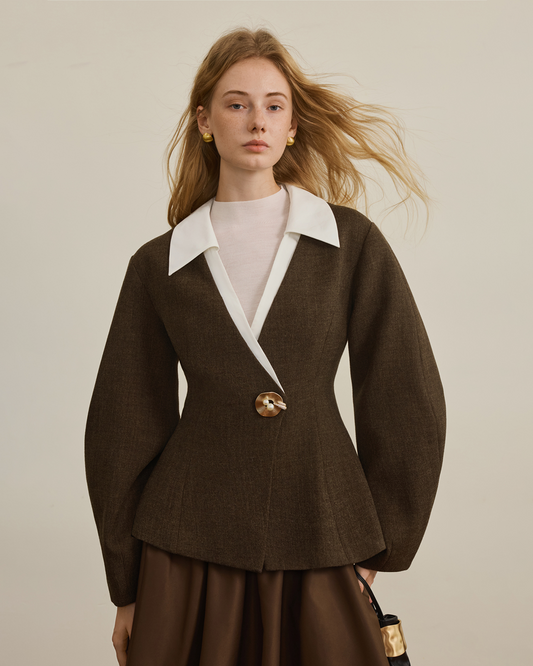 Single-Button Contrast Lapel Tailored Waist Wool Blazer