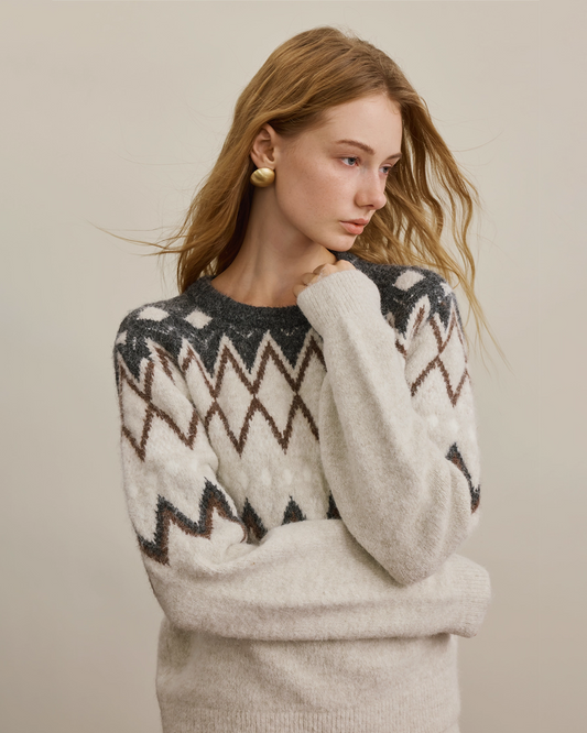 Fair Isle Round-Neck Sweater Side-Slit Skirt Set