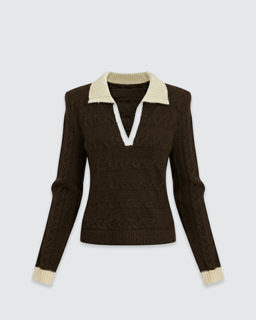 Colorblock Contrast Lapel Cable Knit Sweater