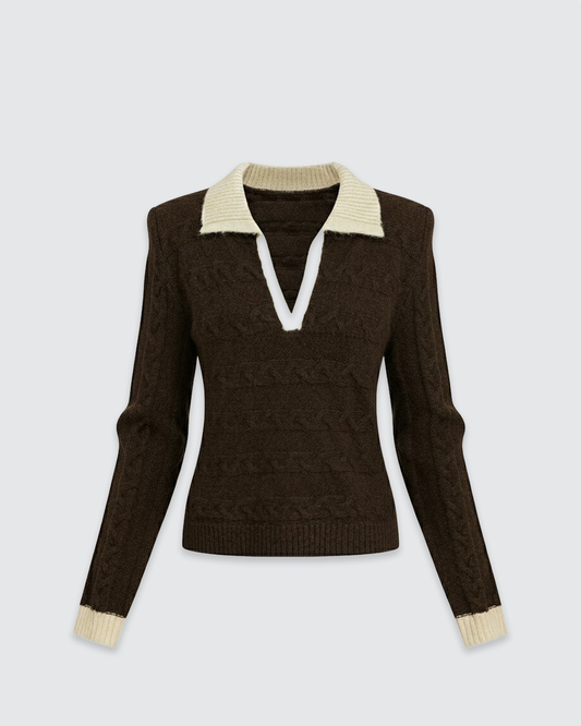 Colorblock Contrast Lapel Cable Knit Sweater