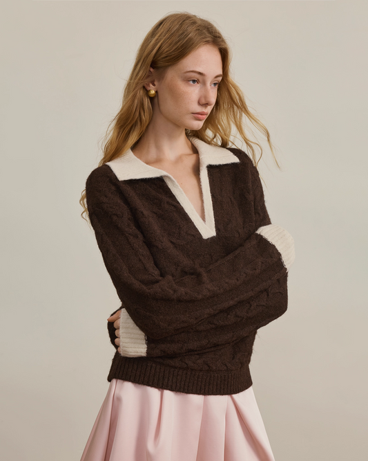 Colorblock Contrast Lapel Cable Knit Sweater