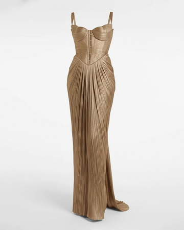 Pleated Gold Foil Tie Side Slit Gown Casual Party Maxi Dress