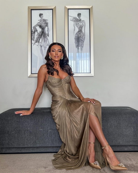 Pleated Gold Foil Tie Side Slit Gown Casual Party Maxi Dress