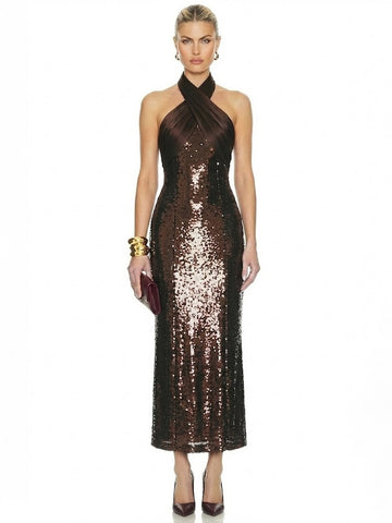 Criss-Cross Halter Sequin Shimmering Backless Evening Maxi Dress