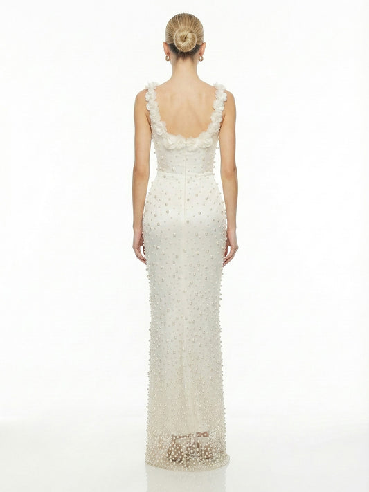 Pearl-Embellished 3D Floral Applique Silhouette Maxi Dress | Structured Bodice Formal