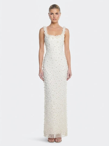 Pearl-Embellished 3D Floral Applique Silhouette Maxi Dress | Structured Bodice Formal