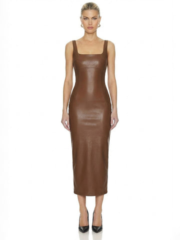 Square Neck Faux Leather Sheath Bodycon Midi Dress