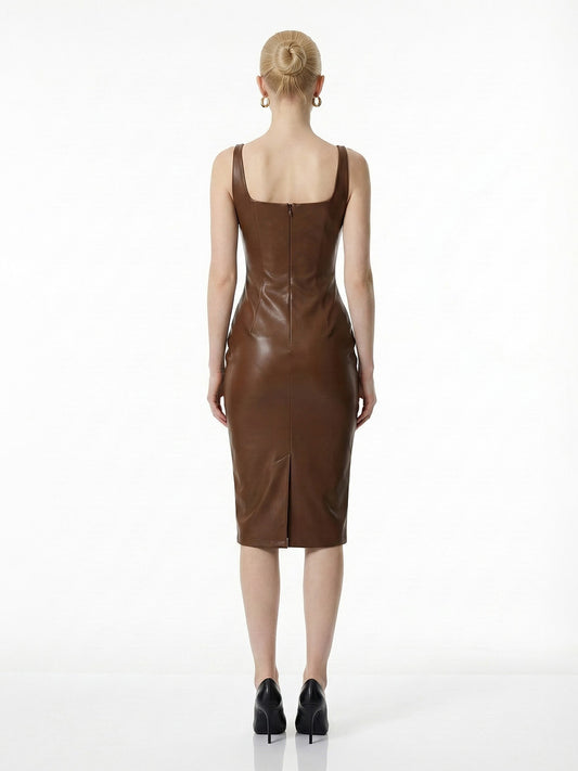 Square Neck Faux Leather Sheath Bodycon Midi Dress