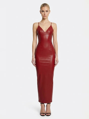 V-Neck Faux Leather Spaghetti Strap Sleek Bodycon Maxi Dress