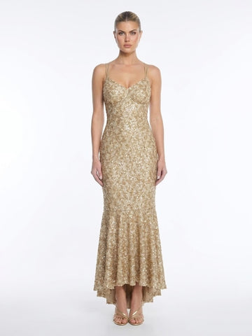 All-over Sequin Cross-Back Silhouette | V-Neck Tie-Back Trumpet