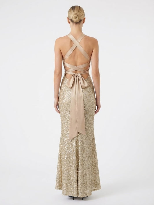 All-over Sequin Cross-Back Silhouette | V-Neck Tie-Back Trumpet