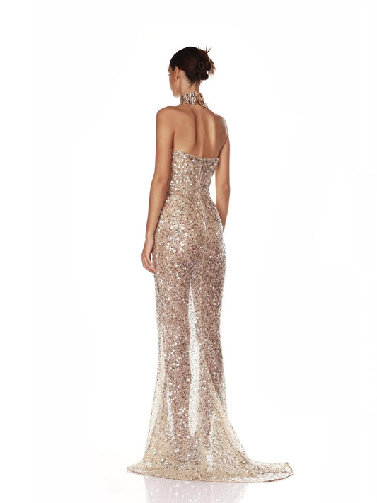 Shimmering Sequin Strapless Silhouette | High Slit Floor-Length Piece