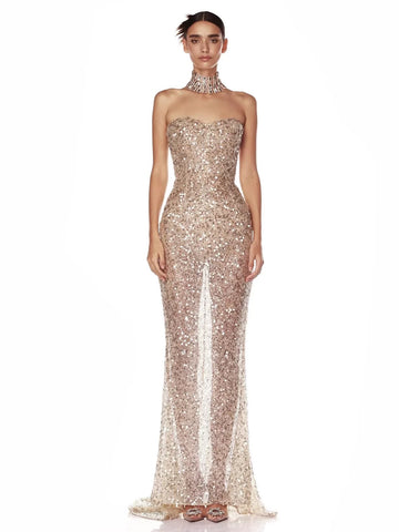 Shimmering Sequin Strapless Silhouette | High Slit Floor-Length Piece