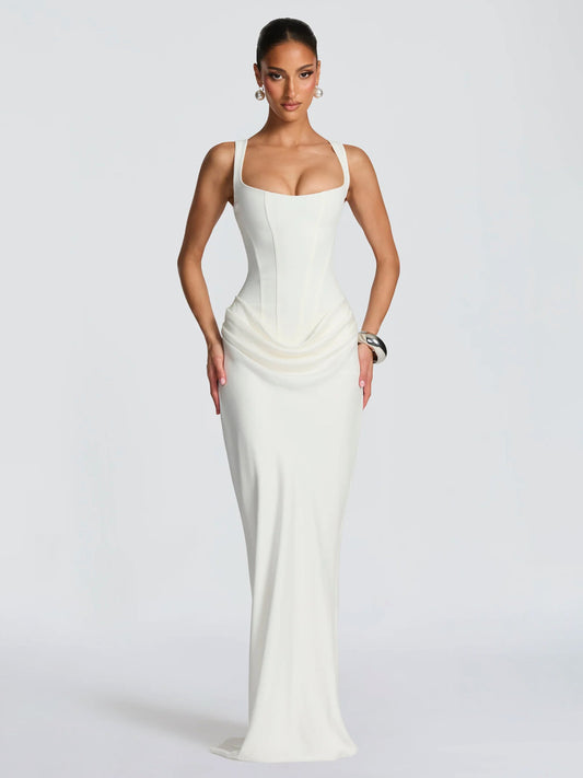 Structured Corset Bodice Lace-Up Back Draped Maxi Dress