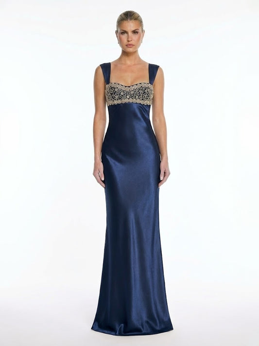 Embroidered Floral Square Neck Bust Satin Silhouette Maxi Dress