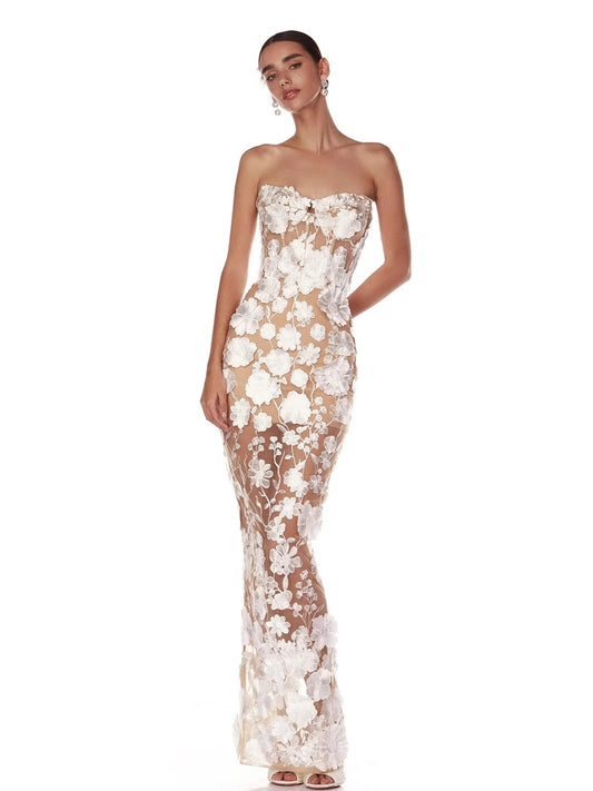 3D Floral Lace Strapless Silhouette Illusion Maxi Dress