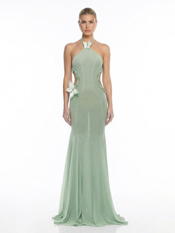 Sheer Mesh Cutout Halter Silhouette Butterfly Maxi Dress