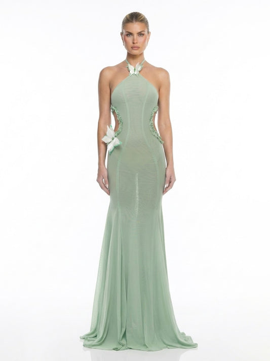 Sheer Mesh Cutout Halter Silhouette Butterfly Maxi Dress