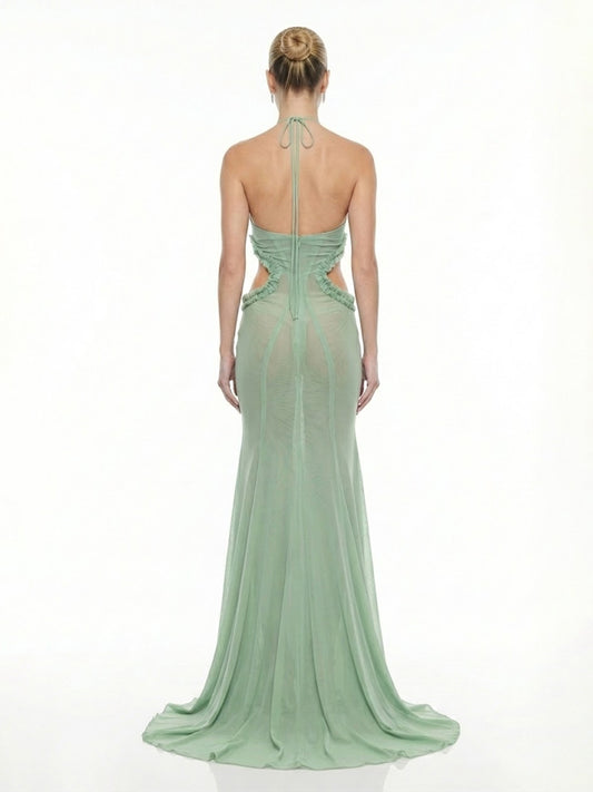 Sheer Mesh Cutout Halter Silhouette Butterfly Maxi Dress