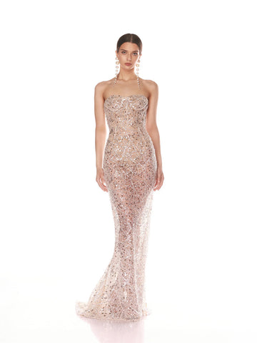 Geometric Sequin Strapless Shimmering Illusion Maxi Dress