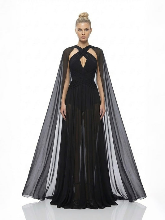 Keyhole Halter Chiffon Silhouette Flowing Cape Maxi Dress