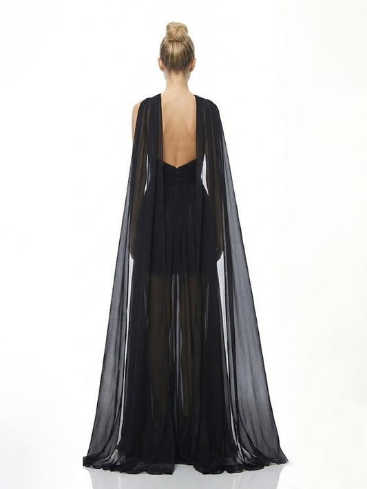 Keyhole Halter Chiffon Silhouette Flowing Cape Maxi Dress