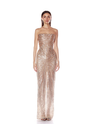 Sunburst Radial Pattern Sequin Strapless Maxi Dress