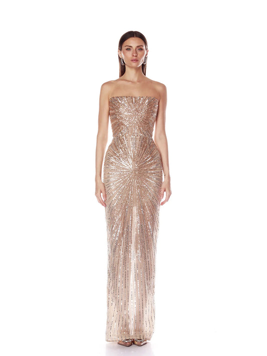 Sunburst Radial Pattern Sequin Strapless Maxi Dress