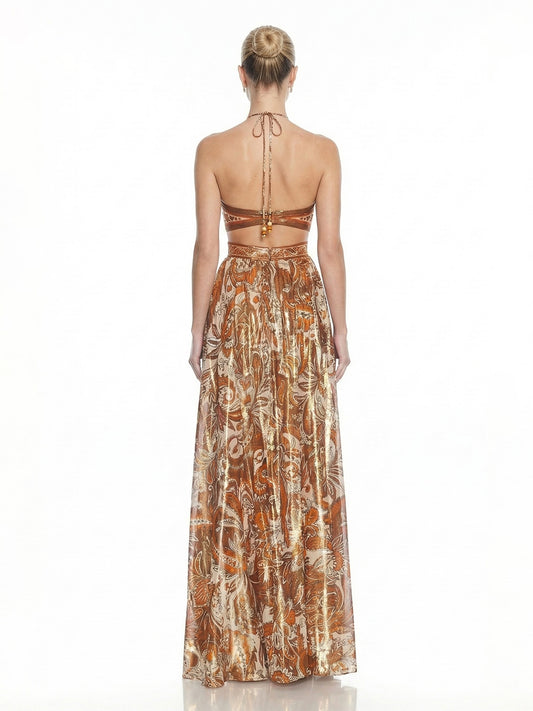 Metallic Paisley Halter Silhouette Cutout Waist Maxi Dress