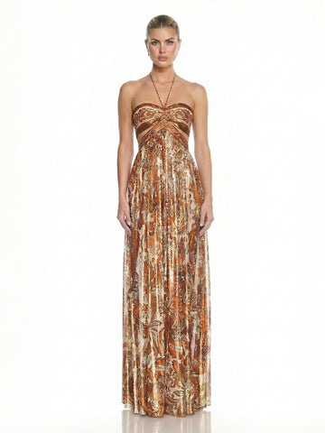 Metallic Paisley Halter Silhouette Cutout Waist Maxi Dress