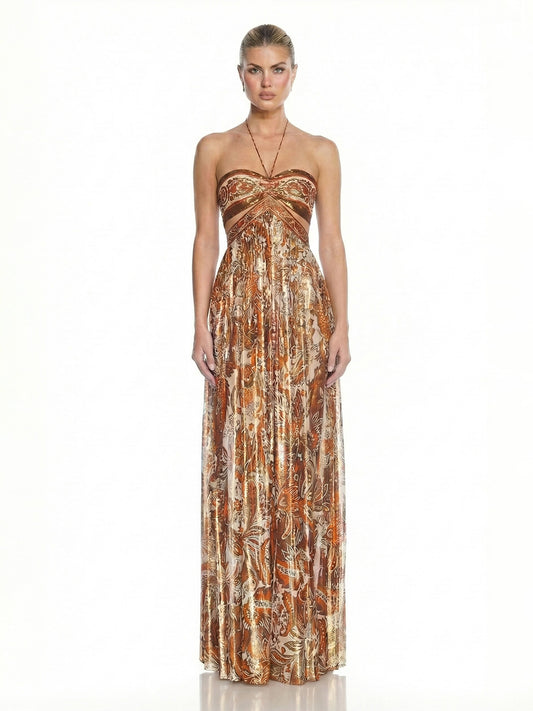 Metallic Paisley Halter Silhouette Cutout Waist Maxi Dress