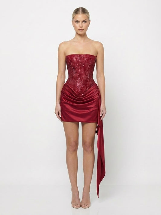 Shimmering Corset Bodice Lace-Up Back Draped Mini Dress