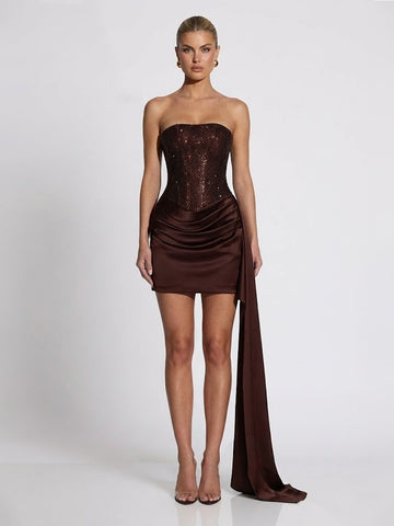 Shimmering Corset Bodice Lace-Up Back Draped Mini Dress