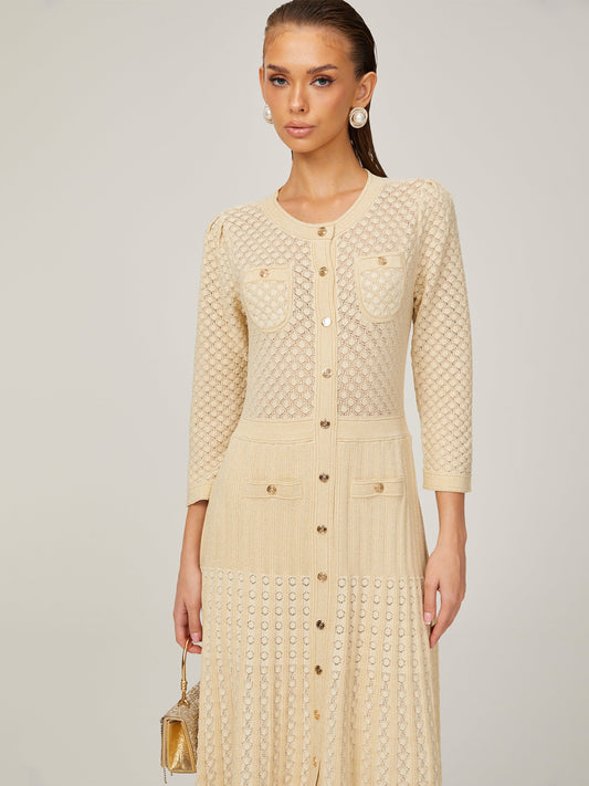 3/4 Sleeve Textured Button-Front Scalloped Trim Knit Midi Dress