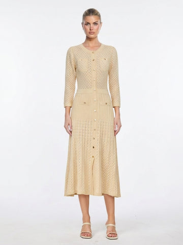 3/4 Sleeve Textured Button-Front Scalloped Trim Knit Midi Dress