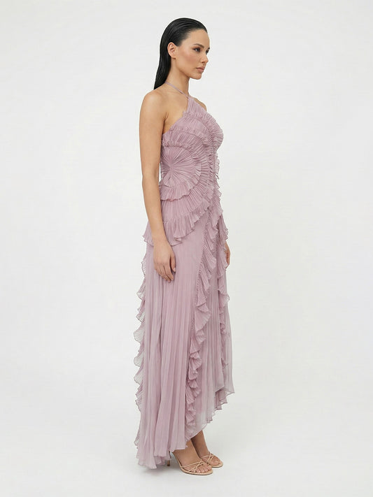 Pleated Ruffle Halter Asymmetrical Tiered Dress