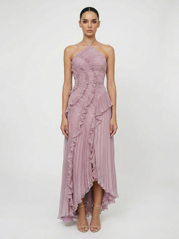 Pleated Ruffle Halter Asymmetrical Tiered Dress