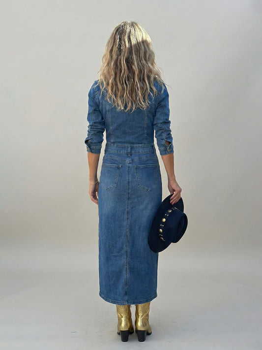 Slit-Front Denim Midi Dress
