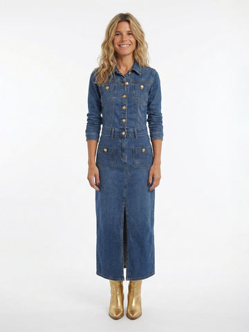 Slit-Front Denim Midi Dress