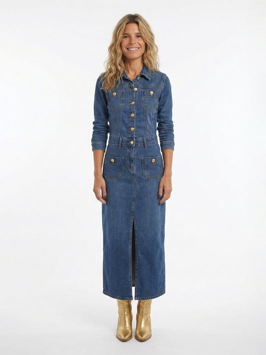 Slit-Front Denim Midi Dress