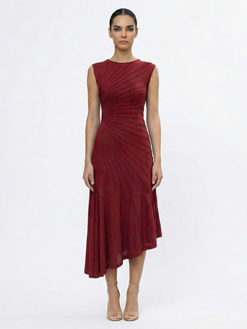 Radial Pleated Sleeveless Asymmetrical Sunburst Midi Dress