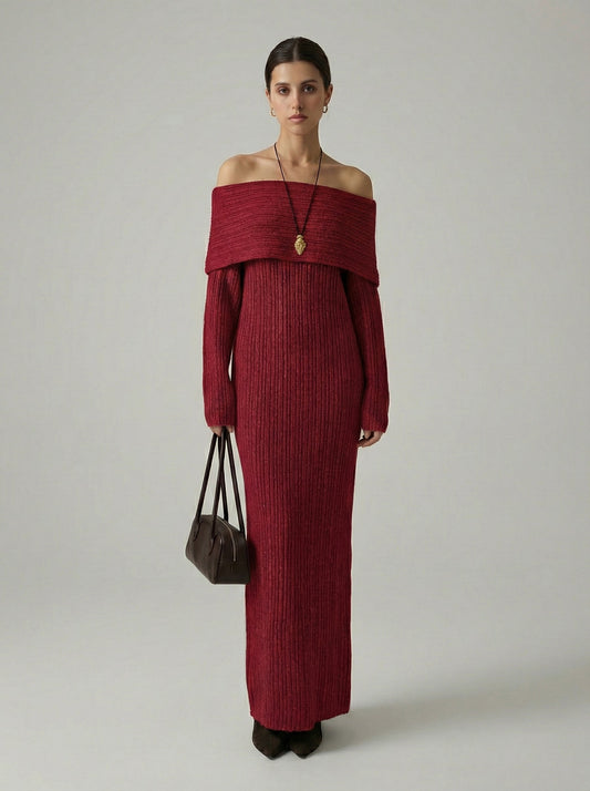Off-the-Shoulder Fold-over Neckline Ribbed Knit Maxi Dress