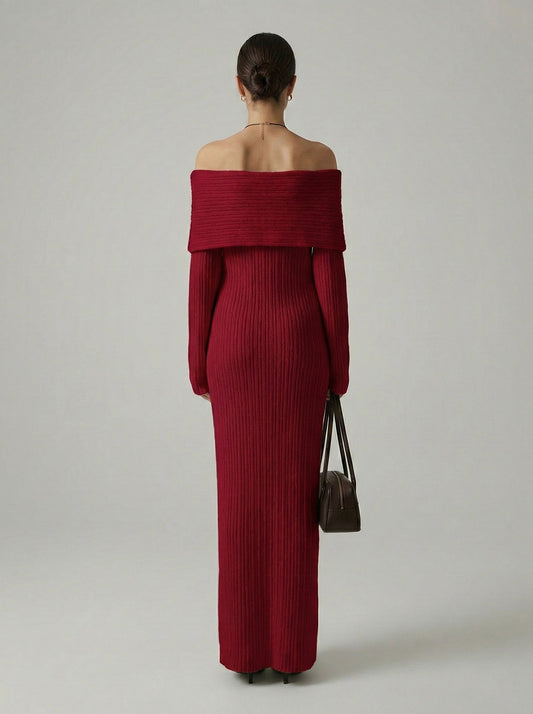 Off-the-Shoulder Fold-over Neckline Ribbed Knit Maxi Dress