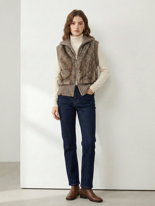 Faux Fur Front-Panel Ribbed Knit Vest
