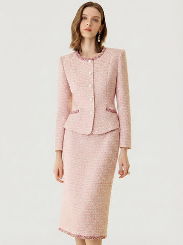 Rose Pink Tweed Skirt Suit Set