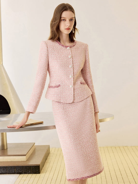 Rose Pink Tweed Skirt Suit Set