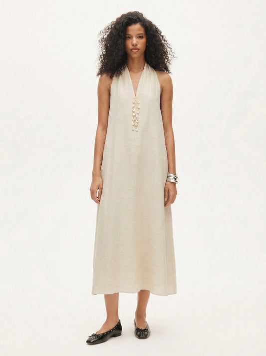 Halter V-Neck Linen-Blend Maxi Dress