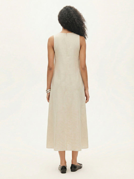 Halter V-Neck Linen-Blend Maxi Dress