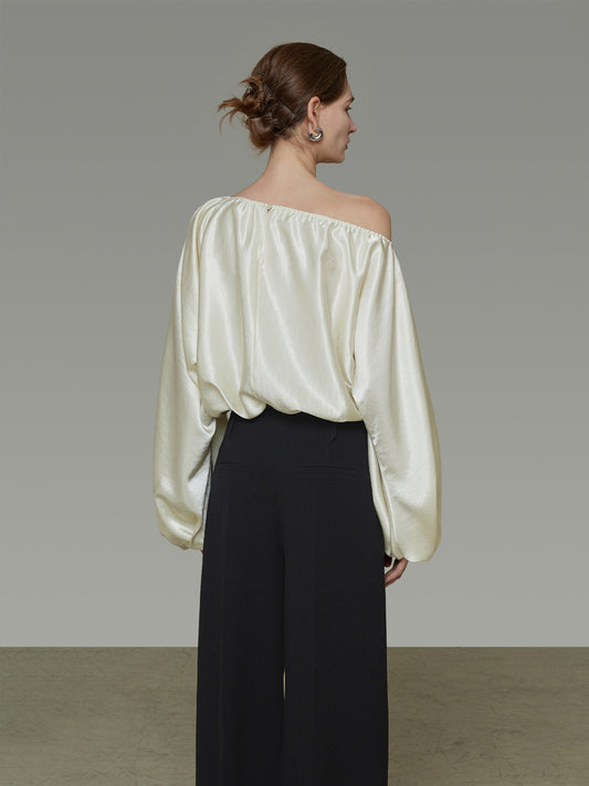 Off-Shoulder Draped Satin Blouse