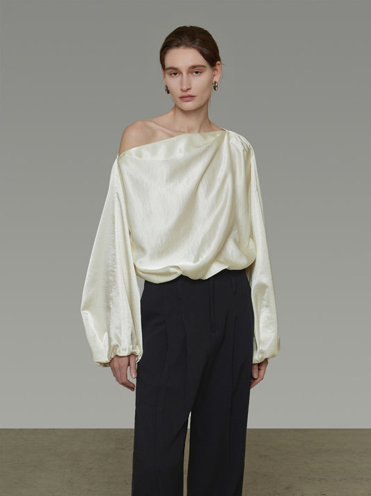 Off-Shoulder Draped Satin Blouse